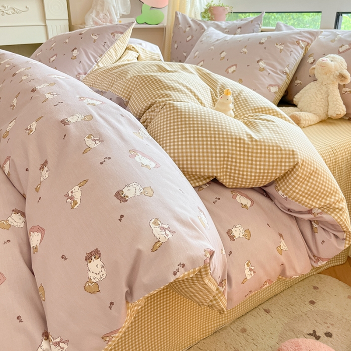 91家纺网 家纺一手货源 找家纺 柠馨 2023新款13376全棉Ins博主风四件套 慵懒猫咪