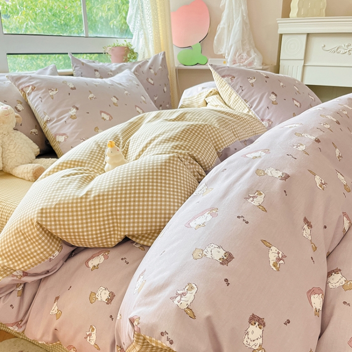 91家纺网 家纺一手货源 找家纺 柠馨 2023新款13376全棉Ins博主风四件套 慵懒猫咪