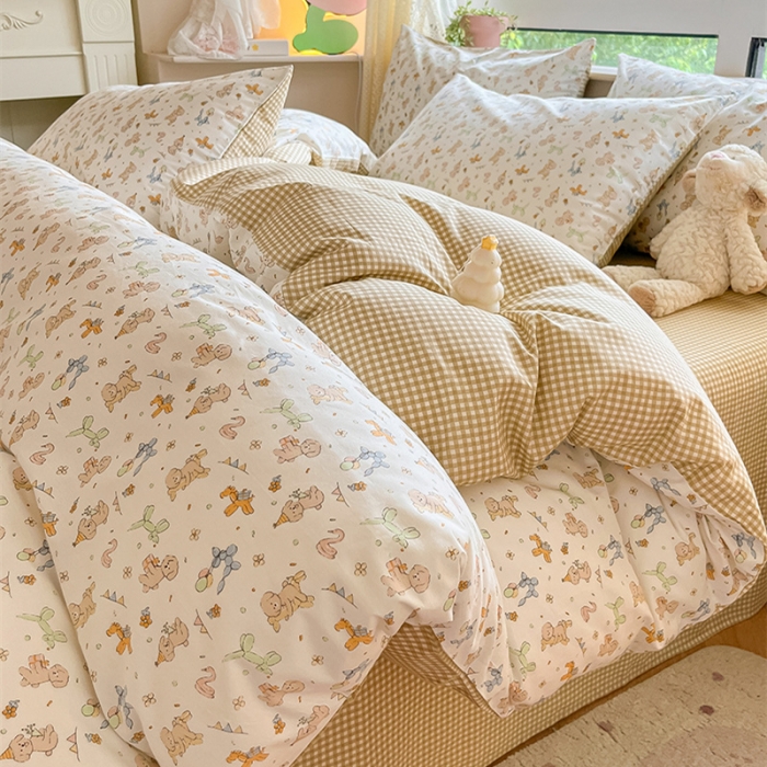 91家纺网 家纺一手货源 找家纺 柠馨 2023新款13376全棉Ins博主风四件套 狗狗派对