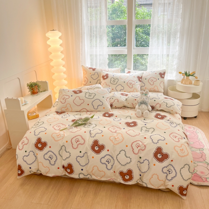 91家纺网 家纺一手货源 找家纺 柠馨 2023新款13376全棉Ins博主风四件套 萌宠熊