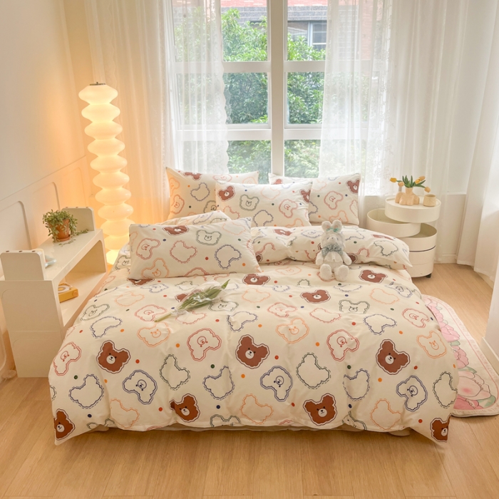 91家纺网 家纺一手货源 找家纺 柠馨 2023新款13376全棉Ins博主风四件套 萌宠熊