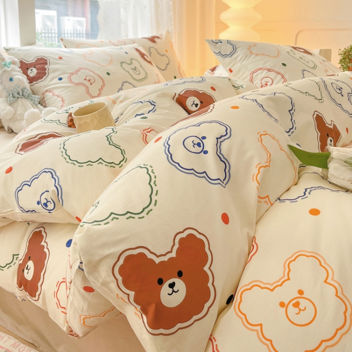 91家纺网 家纺一手货源 找家纺 柠馨 2023新款13376全棉Ins博主风四件套 萌宠熊