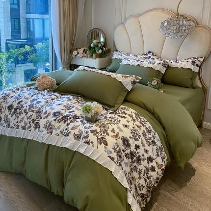 91家纺网 家纺一手货源 找家纺 苏源家居 2023新款荷叶边拼接磨毛加厚四件套-安娜 安娜-军绿