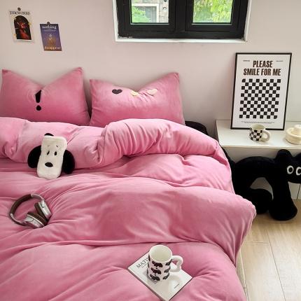 山茶家纺 2023新款黑色系毛巾绣纯色牛奶绒四件套 黑色系-玫黑