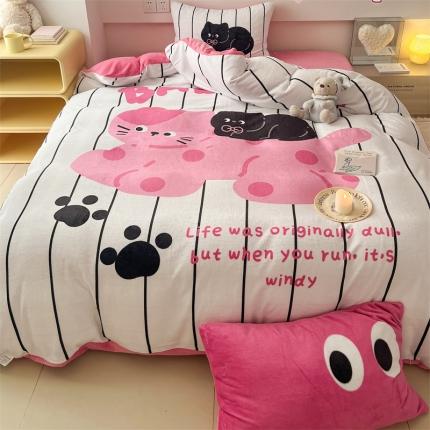 91家纺网 家纺一手货源 找家纺 顾里家纺 2023新款大版宝宝绒套件-设计师款 猫咪宝贝