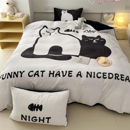 91家纺网 家纺一手货源 找家纺 顾里家纺 2023新款大版宝宝绒套件-设计师款 情侣猫