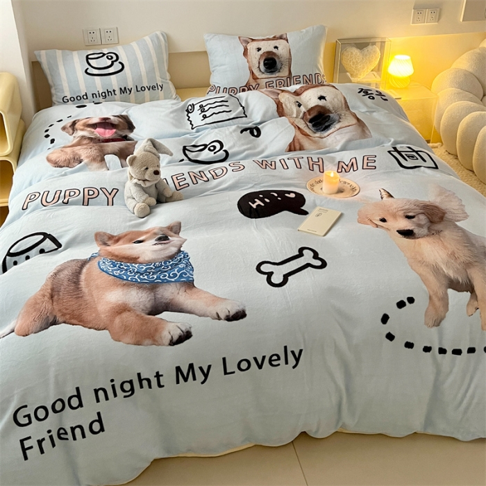 91家纺网 家纺一手货源 找家纺 顾里家纺 2023新款大版宝宝绒套件-设计师款 狗狗好友