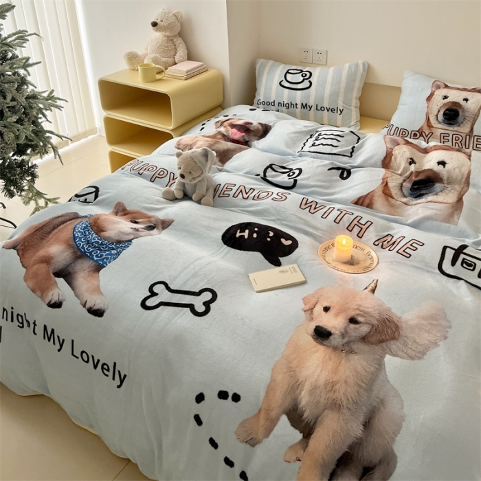 91家纺网 家纺一手货源 找家纺 顾里家纺 2023新款大版宝宝绒套件-设计师款 狗狗好友