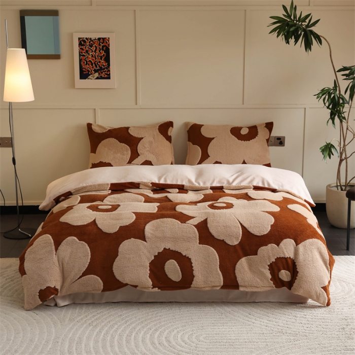 91家纺网 家纺一手货源 找家纺 棉眠 2023新款牛奶绒向阳系列四件套 向阳-焦糖