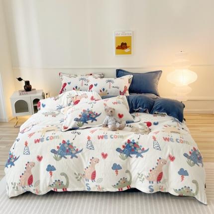 91家纺网 家纺一手货源 找家纺 橘滋 2023新款240克牛奶绒臻棉绒嵌条工艺四件套 侏罗纪