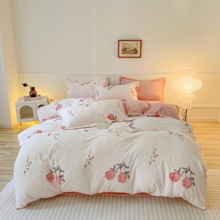 橘滋 2023新款240克牛奶绒臻棉绒嵌条工艺四件套 巴黎野玫瑰