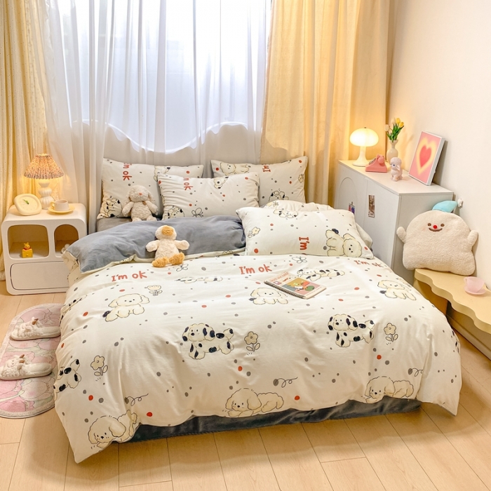91家纺网 家纺一手货源 找家纺 曼之夏 2023新款棉加绒四件套 呆萌狗-棉加绒
