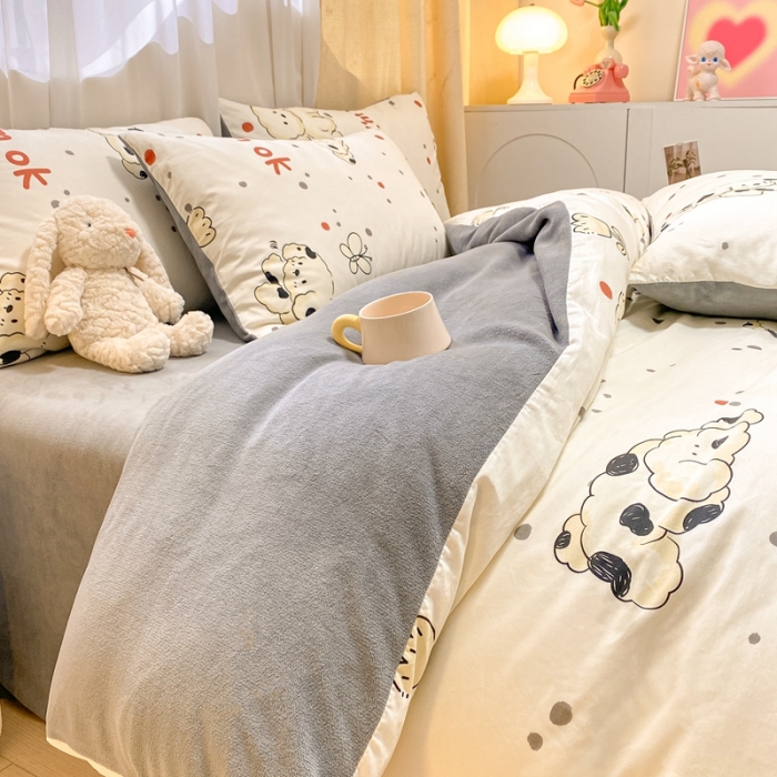 91家纺网 家纺一手货源 找家纺 曼之夏 2023新款棉加绒四件套 呆萌狗-棉加绒