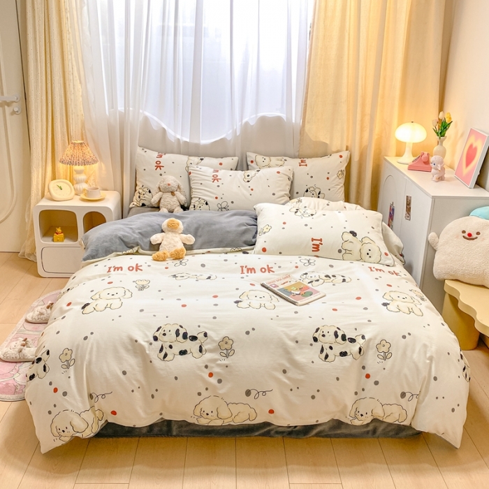 91家纺网 家纺一手货源 找家纺 曼之夏 2023新款棉加绒四件套 呆萌狗-棉加绒