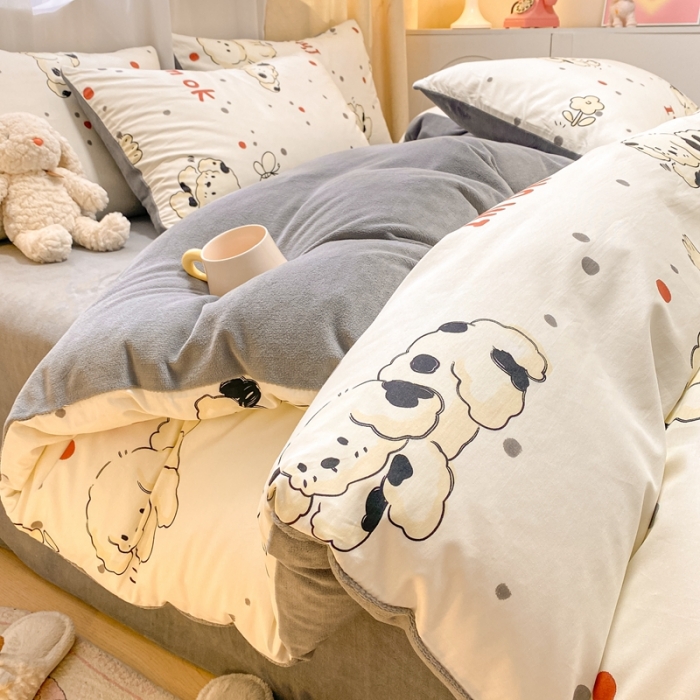 91家纺网 家纺一手货源 找家纺 曼之夏 2023新款棉加绒四件套 呆萌狗-棉加绒