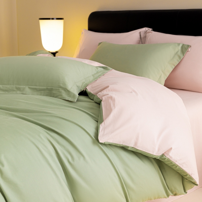 91家纺网 家纺一手货源 找家纺 秀色 2025新款高端50支加厚陶瓷磨毛全棉四件套瑞妮 瑞妮-青提绿2B%桃红