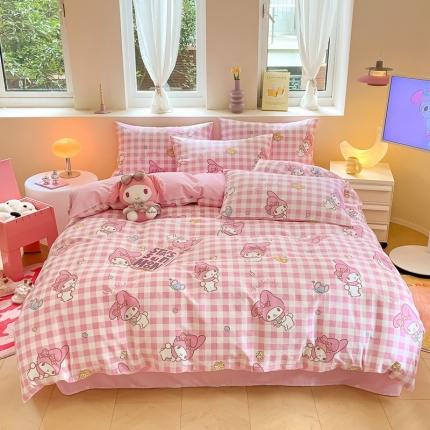 91家纺网 家纺一手货源 找家纺 曼之夏 2023新款全棉三丽鸥卡通四件套 粉格美乐蒂