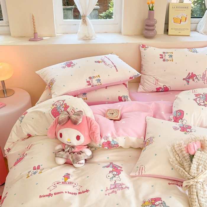 91家纺网 家纺一手货源 找家纺 曼之夏 2023新款全棉三丽鸥卡通四件套 开心美乐蒂