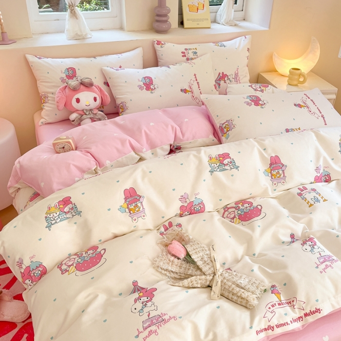 91家纺网 家纺一手货源 找家纺 曼之夏 2023新款全棉三丽鸥卡通四件套 开心美乐蒂