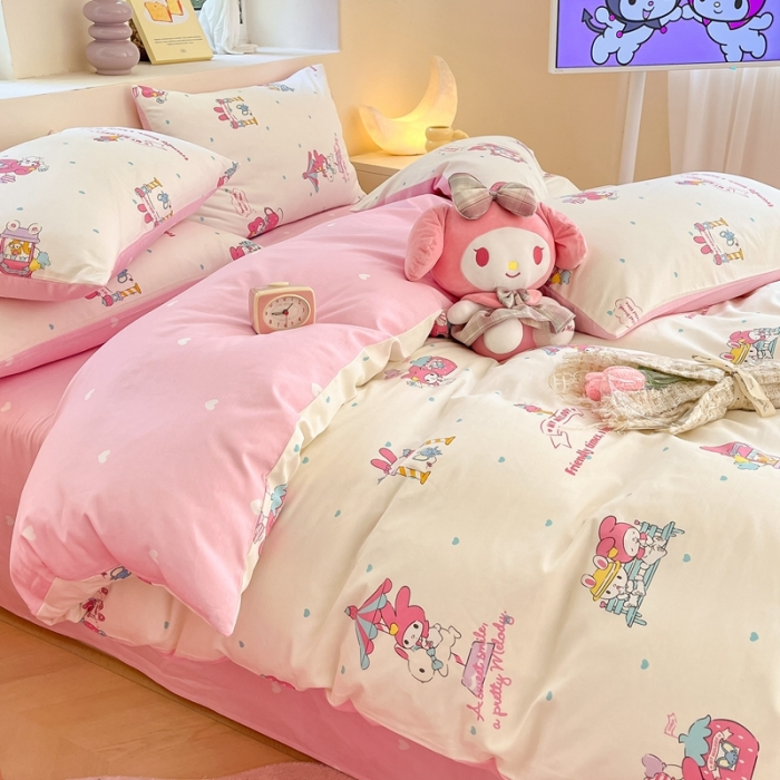 91家纺网 家纺一手货源 找家纺 曼之夏 2023新款全棉三丽鸥卡通四件套 开心美乐蒂