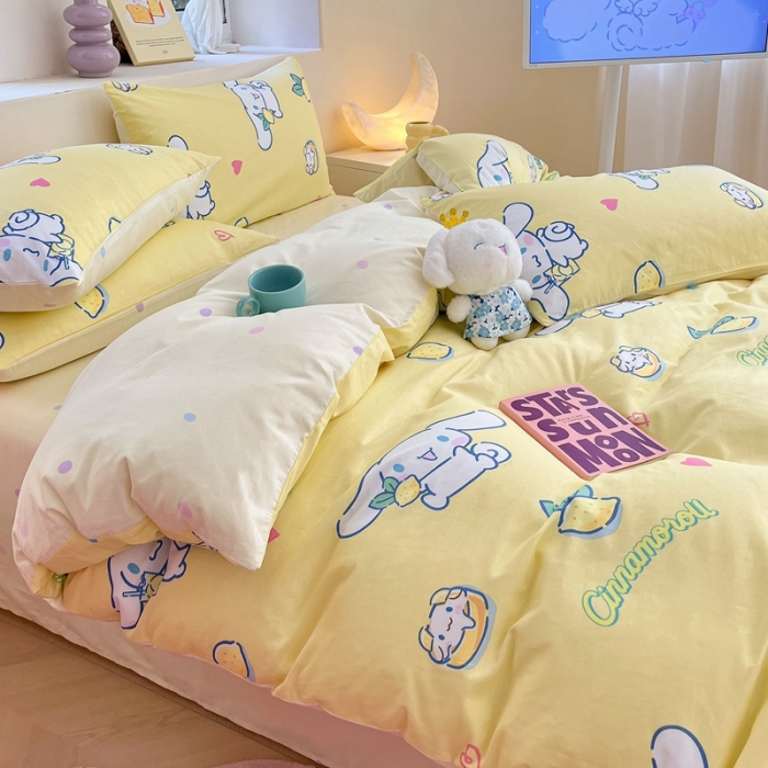 91家纺网 家纺一手货源 找家纺 曼之夏 2023新款全棉三丽鸥卡通四件套 柠檬大耳狗