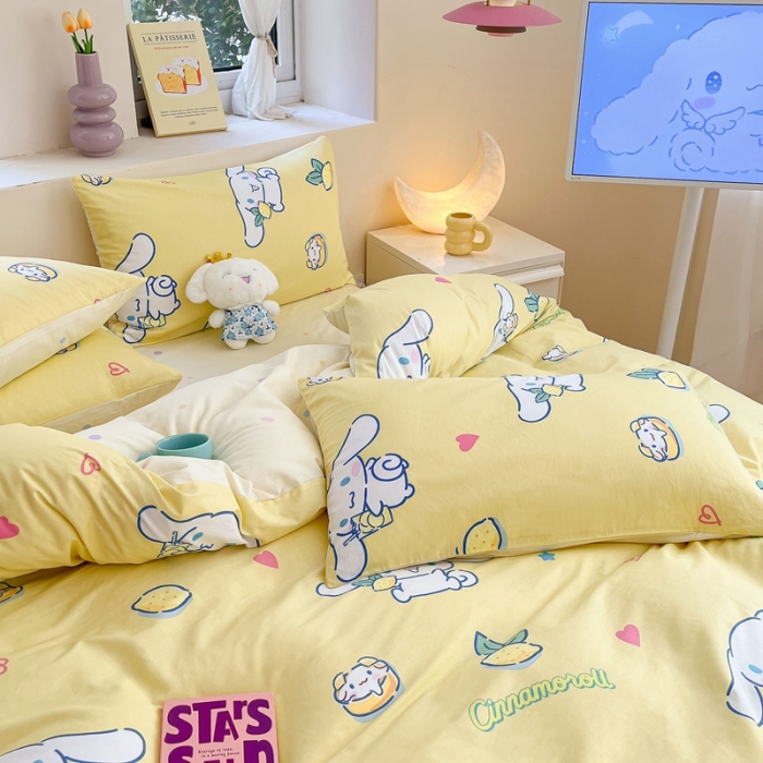 91家纺网 家纺一手货源 找家纺 曼之夏 2023新款全棉三丽鸥卡通四件套 柠檬大耳狗