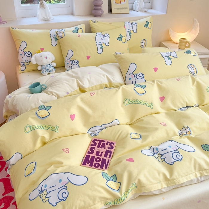 91家纺网 家纺一手货源 找家纺 曼之夏 2023新款全棉三丽鸥卡通四件套 柠檬大耳狗