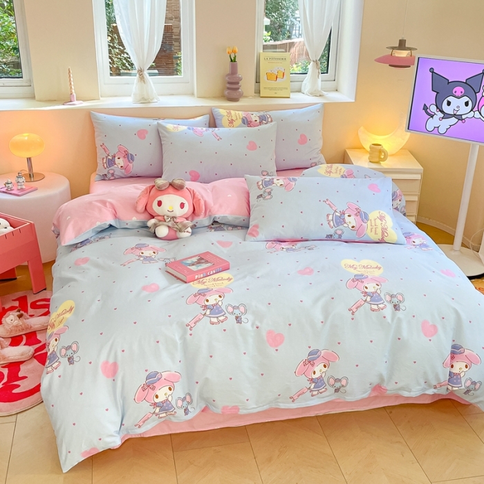 91家纺网 家纺一手货源 找家纺 曼之夏 2023新款全棉三丽鸥卡通四件套 时尚美乐蒂