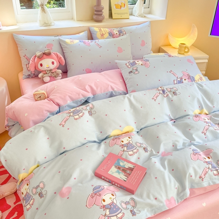 91家纺网 家纺一手货源 找家纺 曼之夏 2023新款全棉三丽鸥卡通四件套 时尚美乐蒂