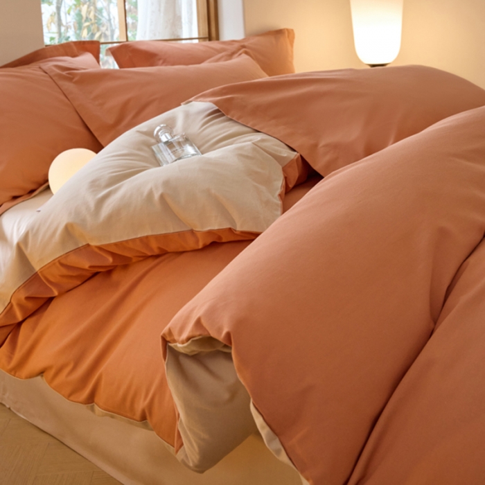 91家纺网 家纺一手货源 找家纺 秀色2025高端50支加厚陶瓷磨毛全棉四件套奶油风瑞妮桔红+奶油