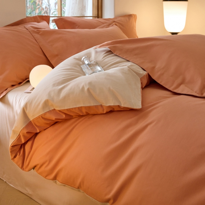 91家纺网 家纺一手货源 找家纺 秀色2025高端50支加厚陶瓷磨毛全棉四件套奶油风瑞妮桔红+奶油