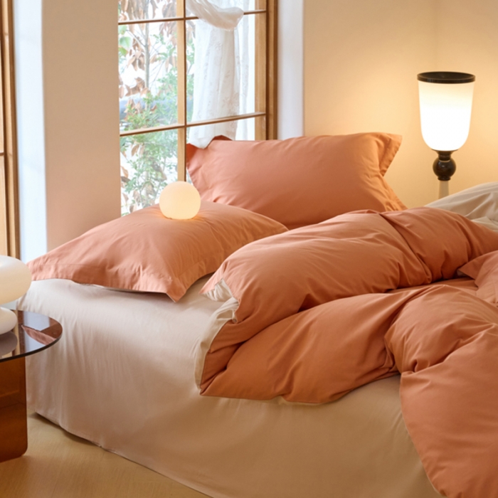 91家纺网 家纺一手货源 找家纺 秀色2025高端50支加厚陶瓷磨毛全棉四件套奶油风瑞妮桔红+奶油