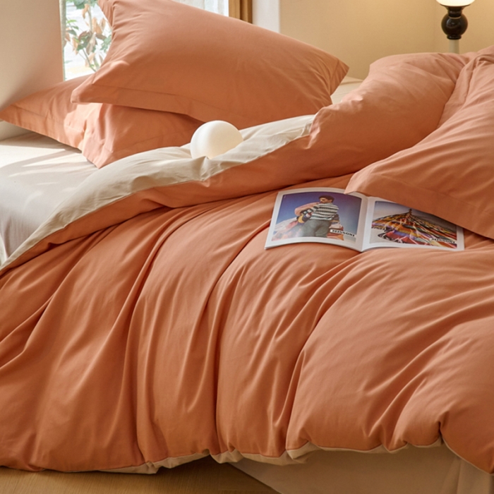 91家纺网 家纺一手货源 找家纺 秀色2025高端50支加厚陶瓷磨毛全棉四件套奶油风瑞妮桔红+奶油