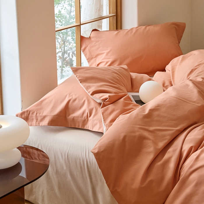 91家纺网 家纺一手货源 找家纺 秀色2025高端50支加厚陶瓷磨毛全棉四件套奶油风瑞妮桔红+奶油