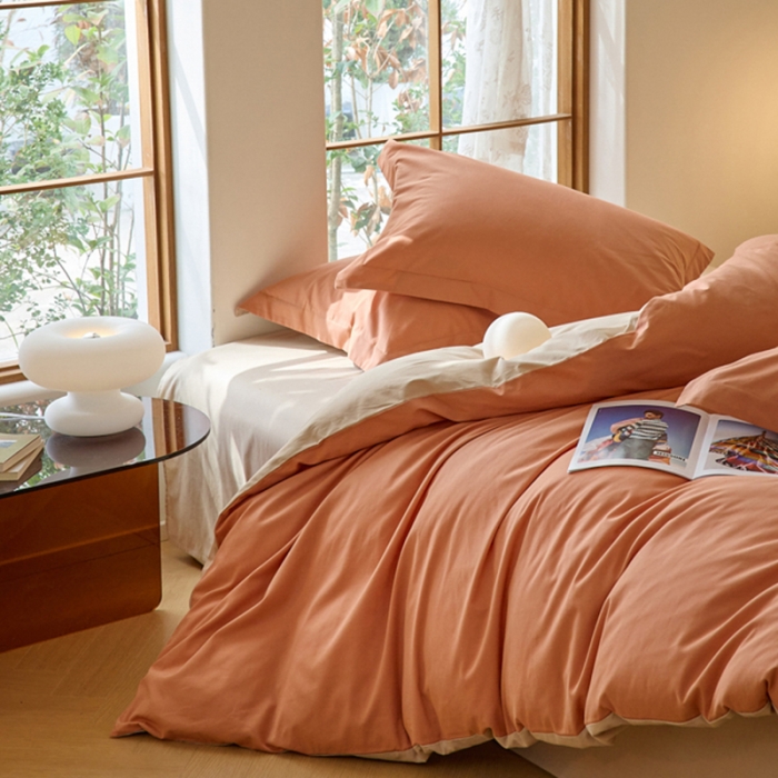91家纺网 家纺一手货源 找家纺 秀色2025高端50支加厚陶瓷磨毛全棉四件套奶油风瑞妮桔红+奶油