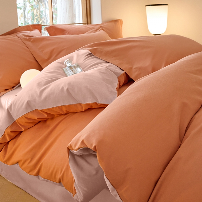 91家纺网 家纺一手货源 找家纺 秀色2025高端50支加厚陶瓷磨毛全棉四件套奶油风瑞妮桔红+桃红