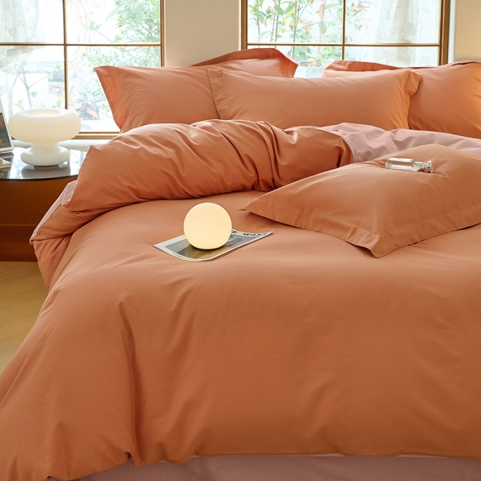 91家纺网 家纺一手货源 找家纺 秀色2025高端50支加厚陶瓷磨毛全棉四件套奶油风瑞妮桔红+桃红