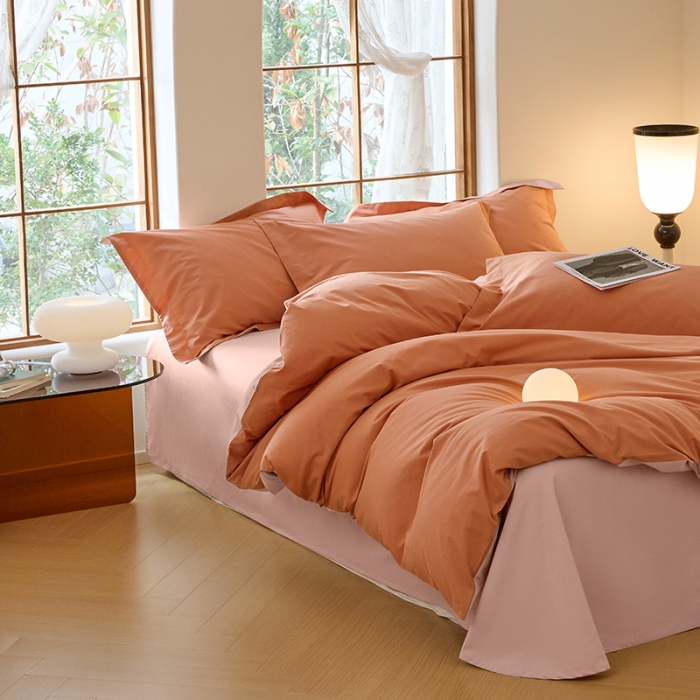 91家纺网 家纺一手货源 找家纺 秀色2025高端50支加厚陶瓷磨毛全棉四件套奶油风瑞妮桔红+桃红