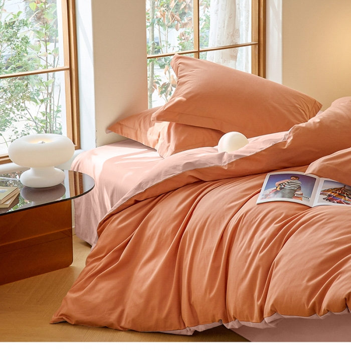 91家纺网 家纺一手货源 找家纺 秀色2025高端50支加厚陶瓷磨毛全棉四件套奶油风瑞妮桔红+桃红