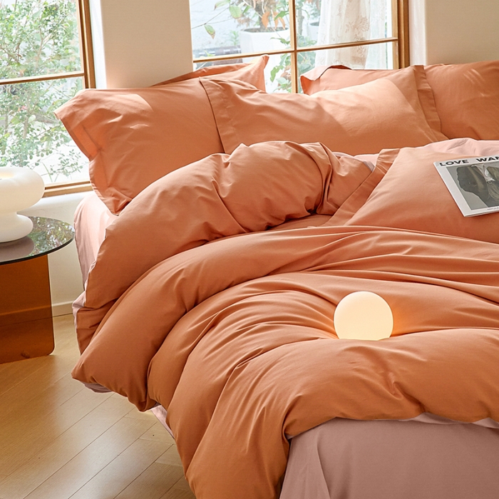 91家纺网 家纺一手货源 找家纺 秀色2025高端50支加厚陶瓷磨毛全棉四件套奶油风瑞妮桔红+桃红