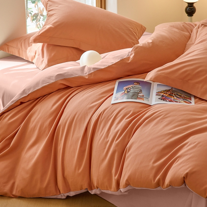 91家纺网 家纺一手货源 找家纺 秀色2025高端50支加厚陶瓷磨毛全棉四件套奶油风瑞妮桔红+桃红