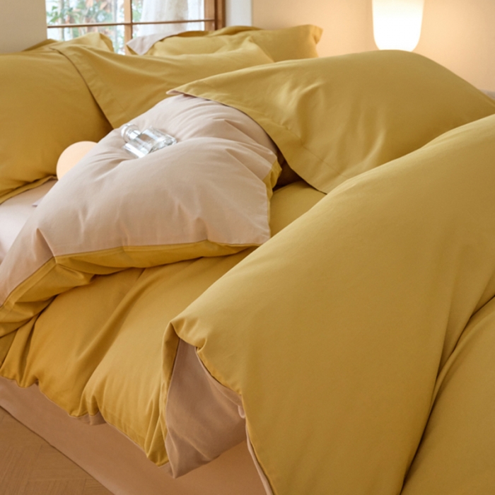 91家纺网 家纺一手货源 找家纺 秀色2025高端50支加厚陶瓷磨毛全棉四件套奶油风瑞妮落日黄+奶油