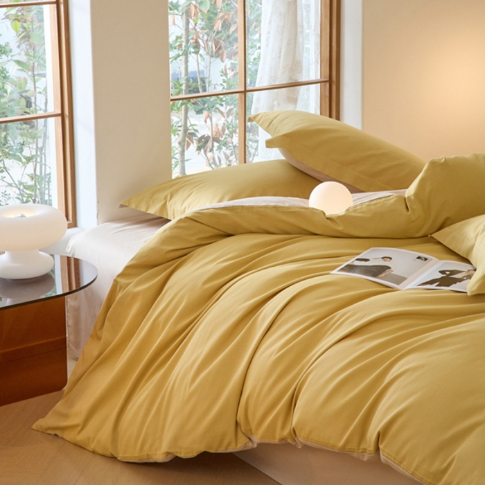 91家纺网 家纺一手货源 找家纺 秀色2025高端50支加厚陶瓷磨毛全棉四件套奶油风瑞妮落日黄+奶油