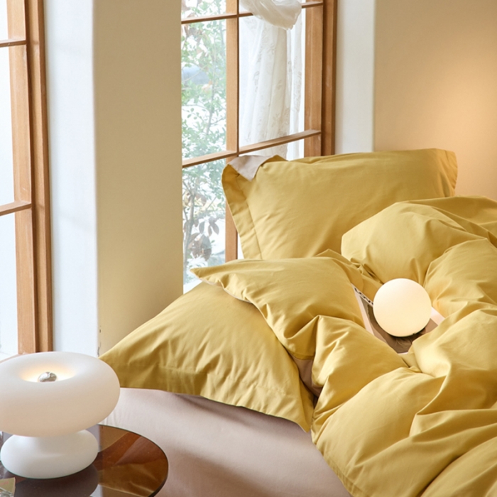 91家纺网 家纺一手货源 找家纺 秀色2025高端50支加厚陶瓷磨毛全棉四件套奶油风瑞妮落日黄+奶油
