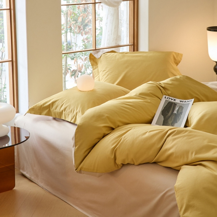 91家纺网 家纺一手货源 找家纺 秀色2025高端50支加厚陶瓷磨毛全棉四件套奶油风瑞妮落日黄+奶油