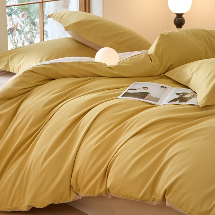 91家纺网 家纺一手货源 找家纺 秀色2025高端50支加厚陶瓷磨毛全棉四件套奶油风瑞妮落日黄+奶油