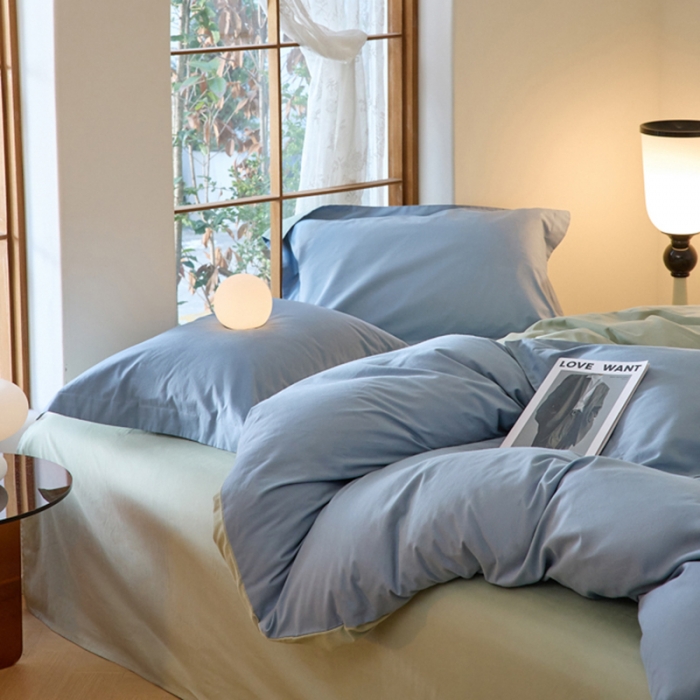 91家纺网 家纺一手货源 找家纺 秀色2025高端50支加厚陶瓷磨毛全棉四件套奶油风瑞妮窃蓝+青提绿