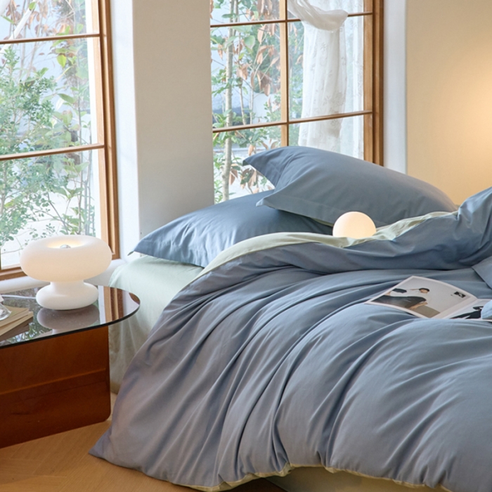 91家纺网 家纺一手货源 找家纺 秀色2025高端50支加厚陶瓷磨毛全棉四件套奶油风瑞妮窃蓝+青提绿