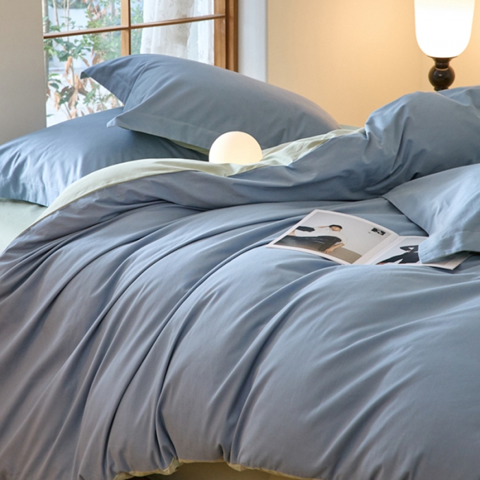 91家纺网 家纺一手货源 找家纺 秀色2025高端50支加厚陶瓷磨毛全棉四件套奶油风瑞妮窃蓝+青提绿