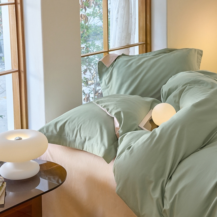 91家纺网 家纺一手货源 找家纺 秀色2025高端50支加厚陶瓷磨毛全棉四件套奶油风瑞妮青提绿+奶油